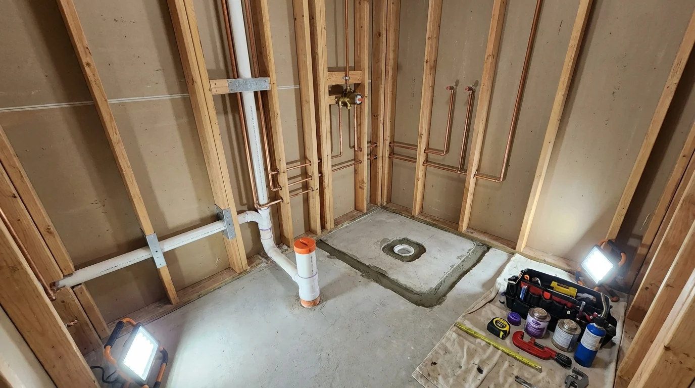Bathroom rough-in plumbing during remodel by Johns Plumbing LLC in Middleton