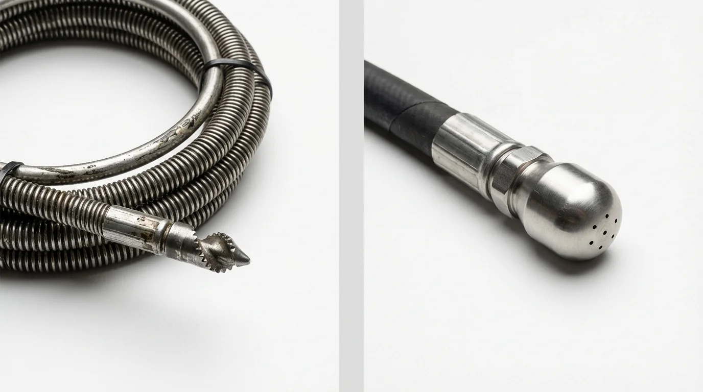 Drain snake cable and hydro jetting nozzle used for drain cleaning in Middleton, ID